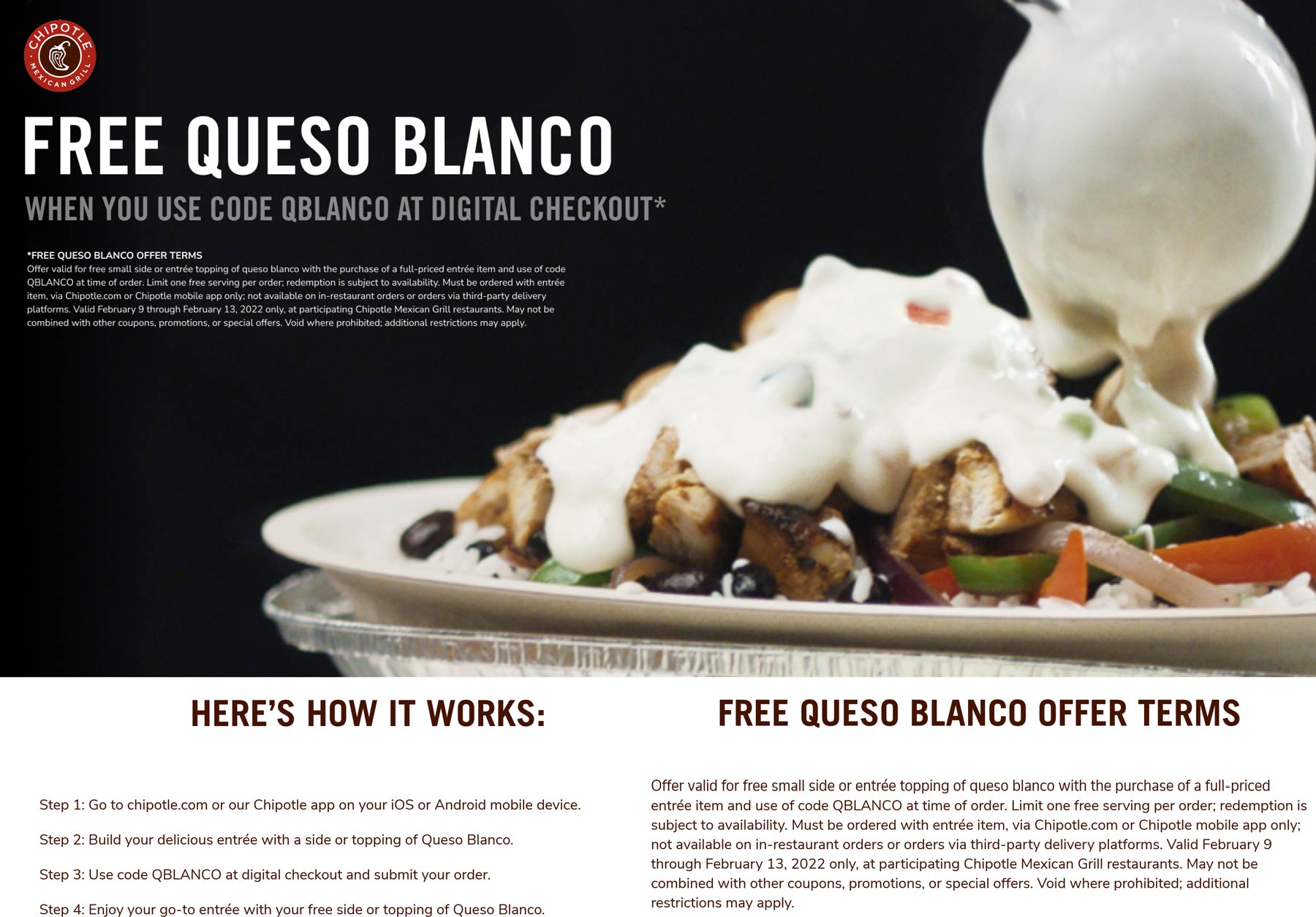 Chipotle restaurants Coupon  Free queso with your entree at Chipotle via promo code QBLANCO #chipotle 