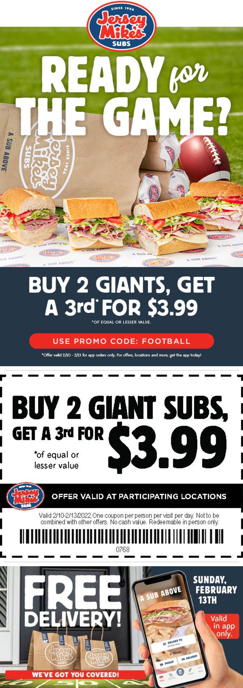 Jersey Mikes restaurants Coupon  3rd giant sandwich for $4 at Jersey Mikes via promo code FOOTBALL #jerseymikes 
