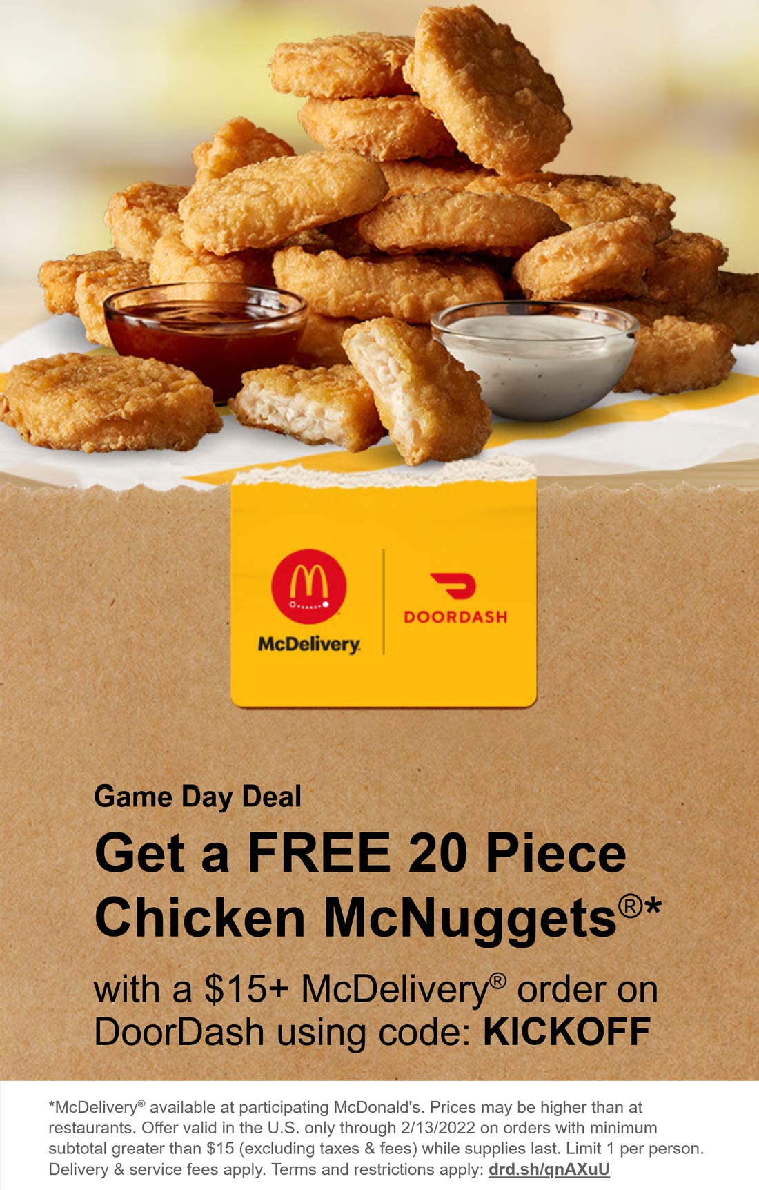McDonalds restaurants Coupon  Free 20pc chicken mcnuggets on $15 delivery Sunday at McDonalds via promo code KICKOFF #mcdonalds 