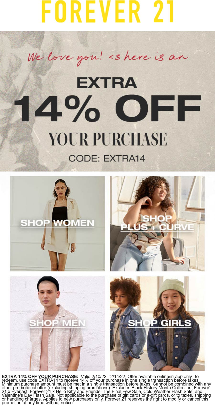 Forever 21 stores Coupon  Extra 14% off online at Forever 21 via promo code EXTRA14 #forever21 