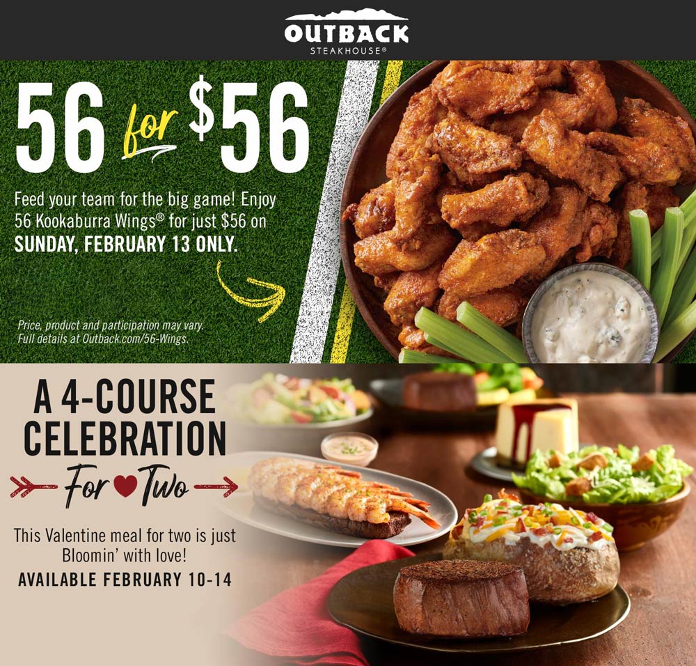 Outback Steakhouse restaurants Coupon  56 Kookaburra chicken wings for $56 Sunday at Outback Steakhouse #outbacksteakhouse 