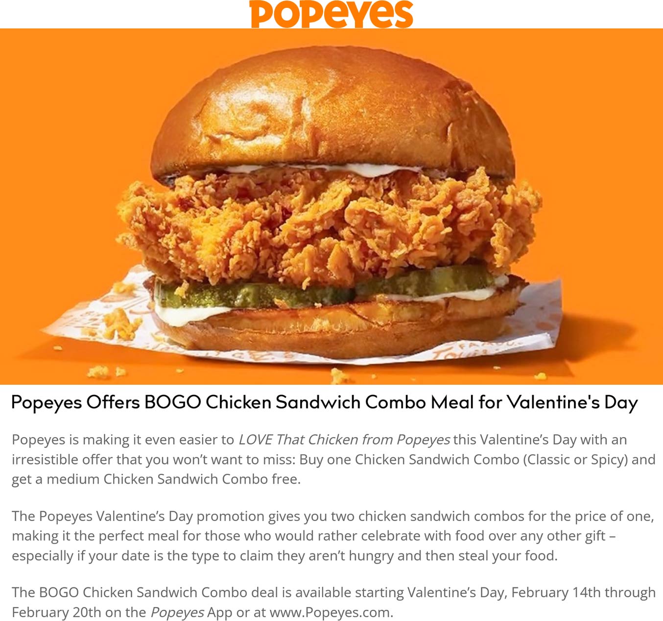 Popeyes restaurants Coupon  Second chicken sandwich meal free online 14-20th at Popeyes #popeyes 