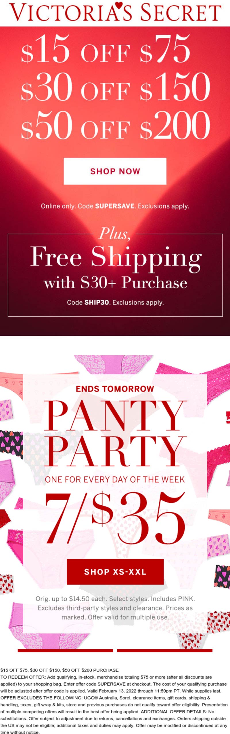 Victorias Secret stores Coupon  $15-$50 off $75+ today at Victorias Secret via promo code SUPERSAVE #victoriassecret 