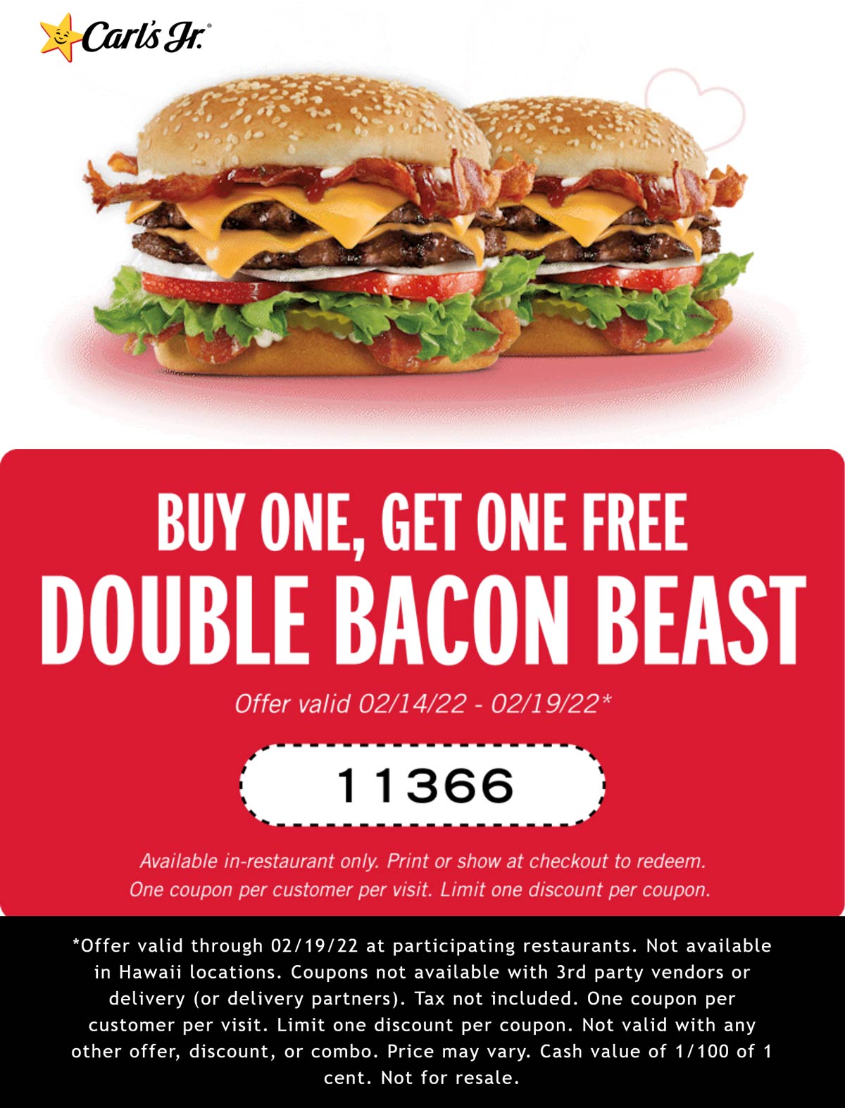 Carls Jr restaurants Coupon  Second bacon double cheeseburger free at Carls Jr #carlsjr 