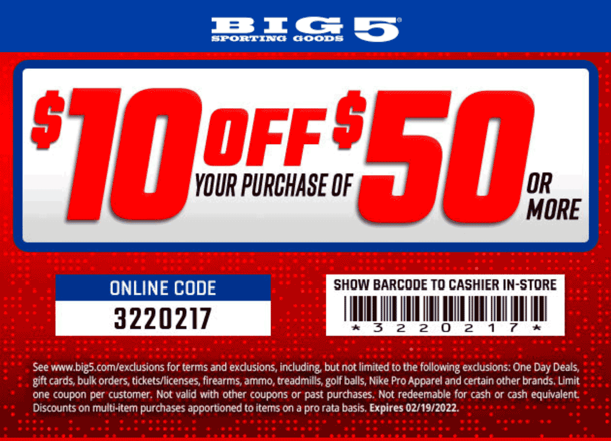 Big 5 stores Coupon  $10 off $50 at Big 5 sporting goods, or online via promo code 3220217 #big5 