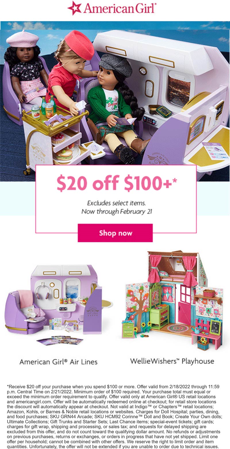 American Girl stores Coupon  $20 off $100 at American Girl doll, ditto online #americangirl 