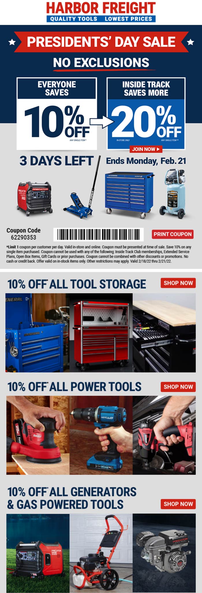 Harbor Freight stores Coupon  10% off at Harbor Freight Tools, or online via promo code 62290353 #harborfreight 