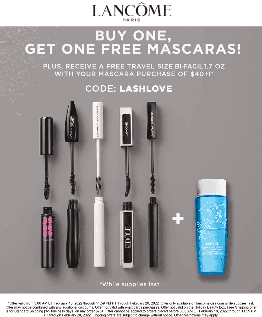 Lancome stores Coupon  Second mascara free at Lancome via promo code LASHLOVE #lancome 