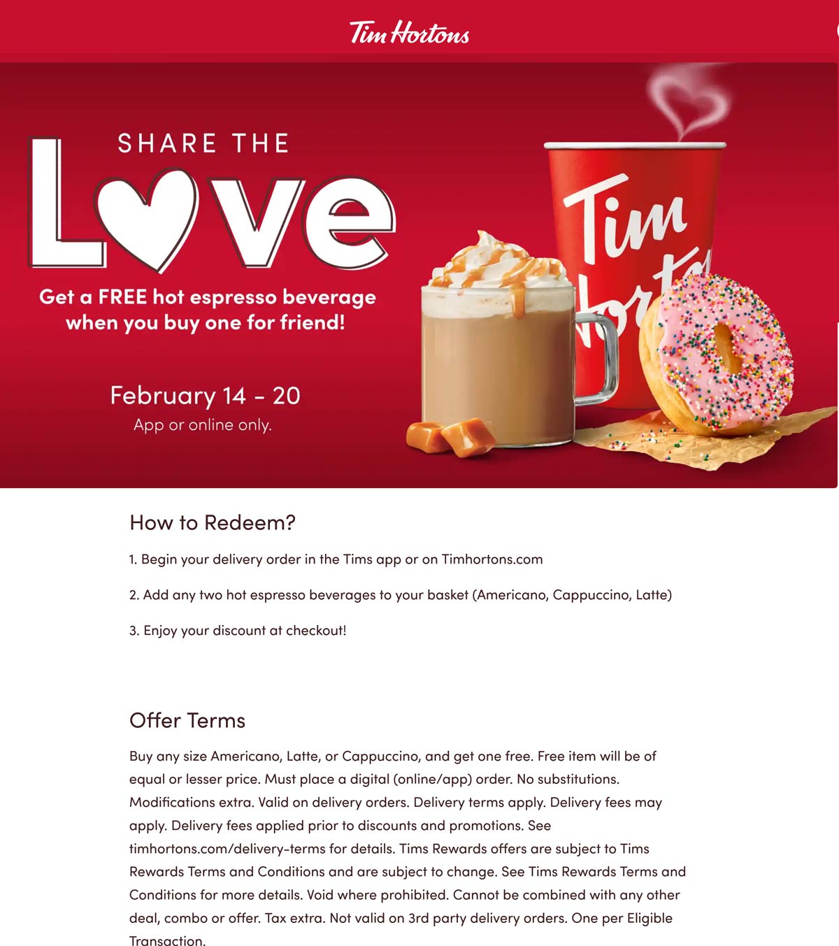 Second espresso coffee free online at Tim Hortons timhortons The