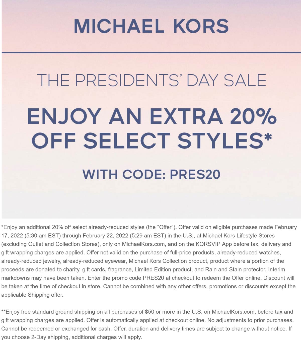 Michael Kors stores Coupon  Extra 20% off sale styles at Michael Kors, or online via promo code PRES20 #michaelkors 