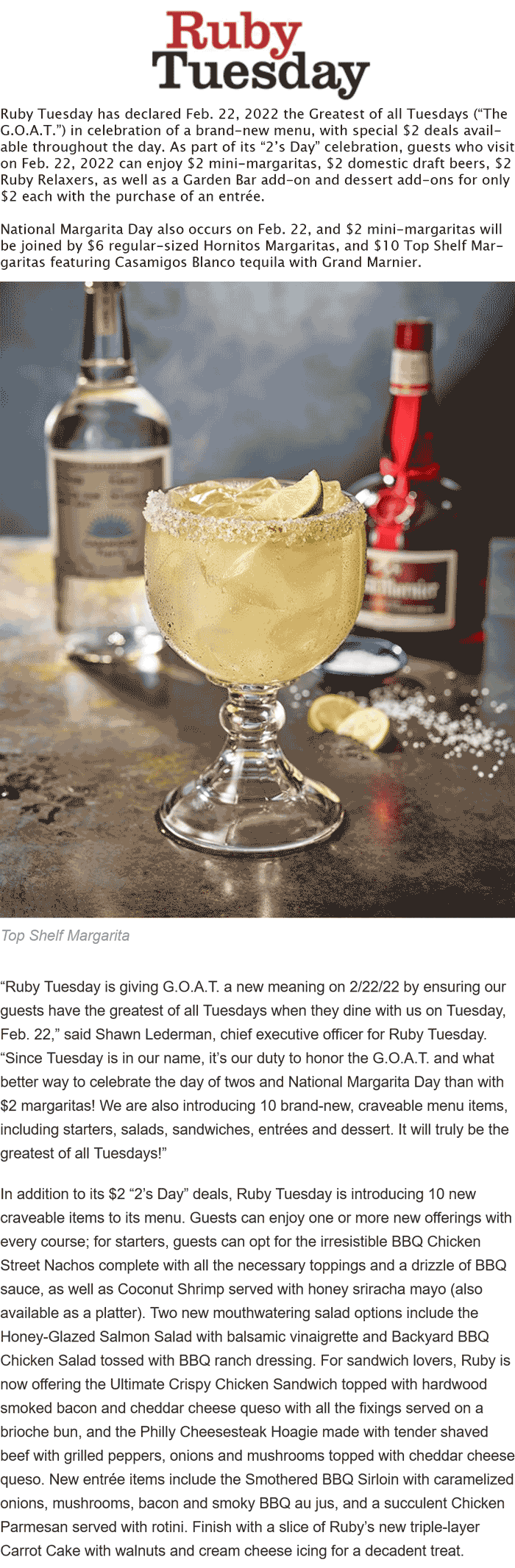 Ruby Tuesday restaurants Coupon  $2 beers margaritas & dessert add-ons Tuesday at Ruby Tuesday restaurants #rubytuesday 