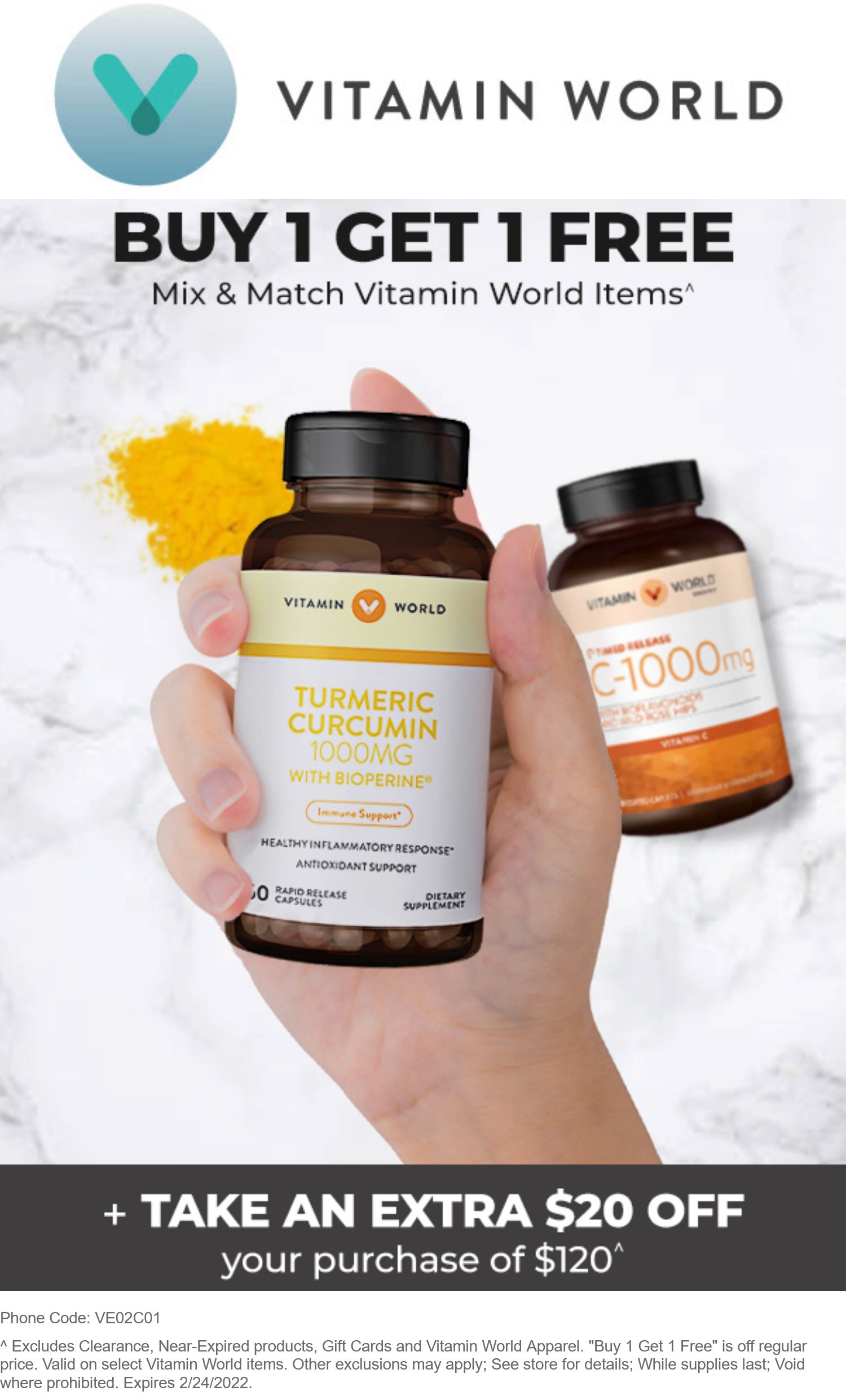 Vitamin World stores Coupon  $20 off $100 & 2nd item free at Vitamin World, or via phone promo code VE02C01 #vitaminworld 