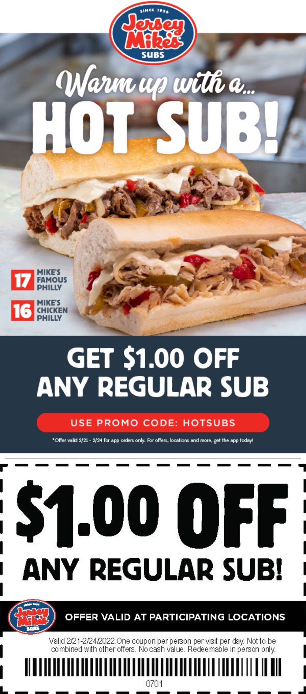 Jersey Mikes restaurants Coupon  $1 off any sub sandwich at Jersey Mikes #jerseymikes 