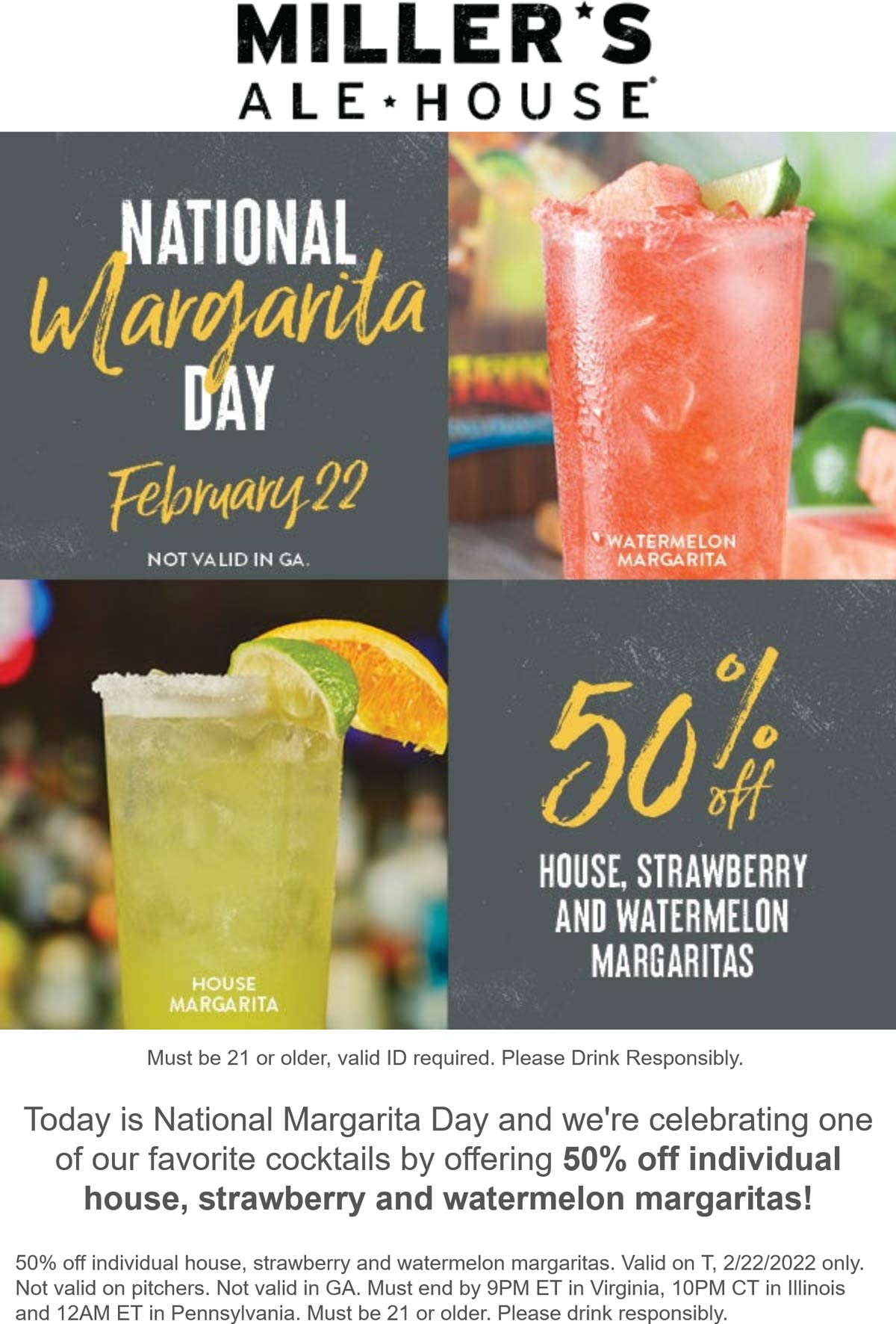 Millers Ale House restaurants Coupon  50% off margaritas today at Millers Ale House restaurants #millersalehouse 