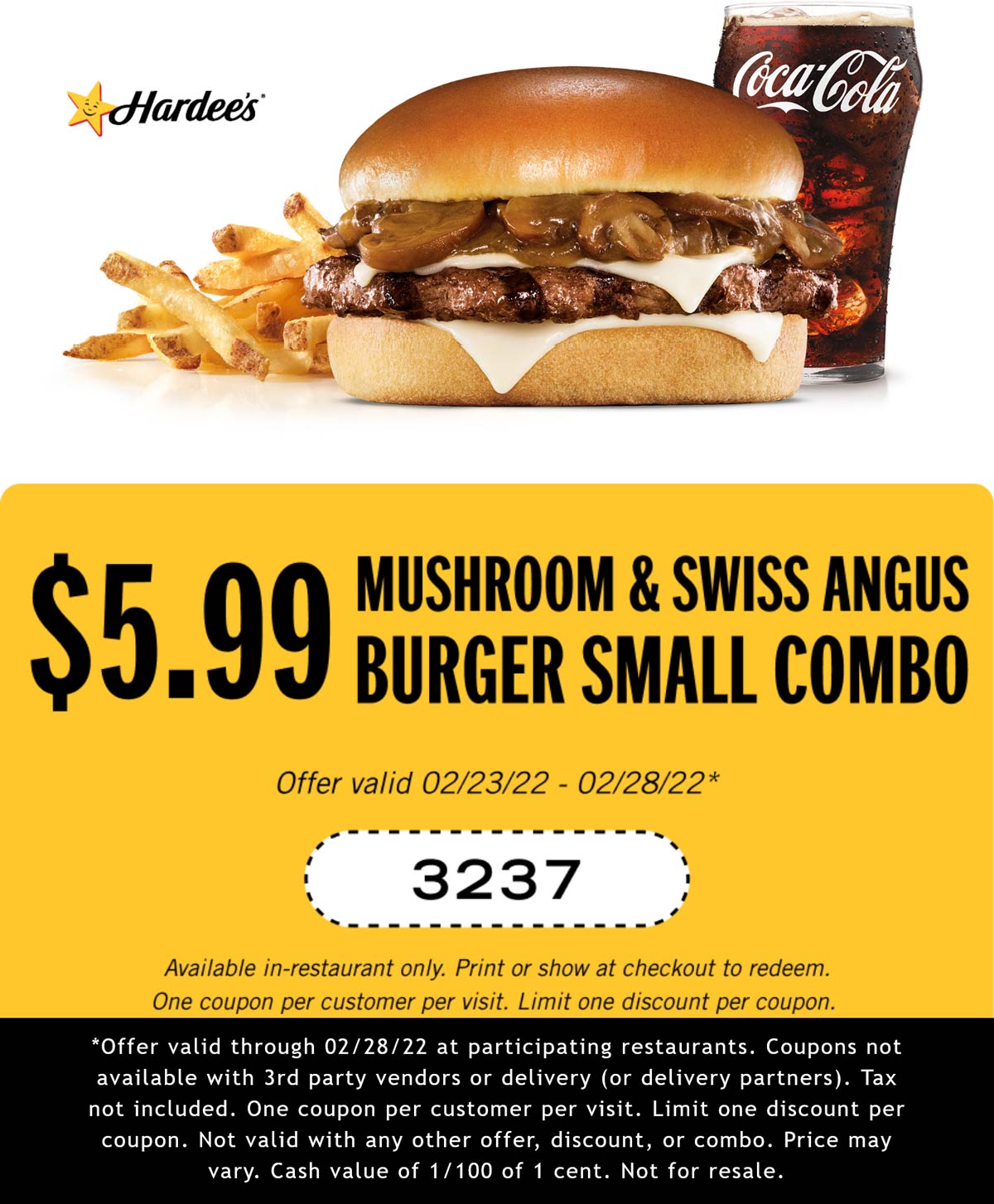 Hardees restaurants Coupon  Mushroom & swiss cheeseburger meal for $6 at Hardees #hardees 