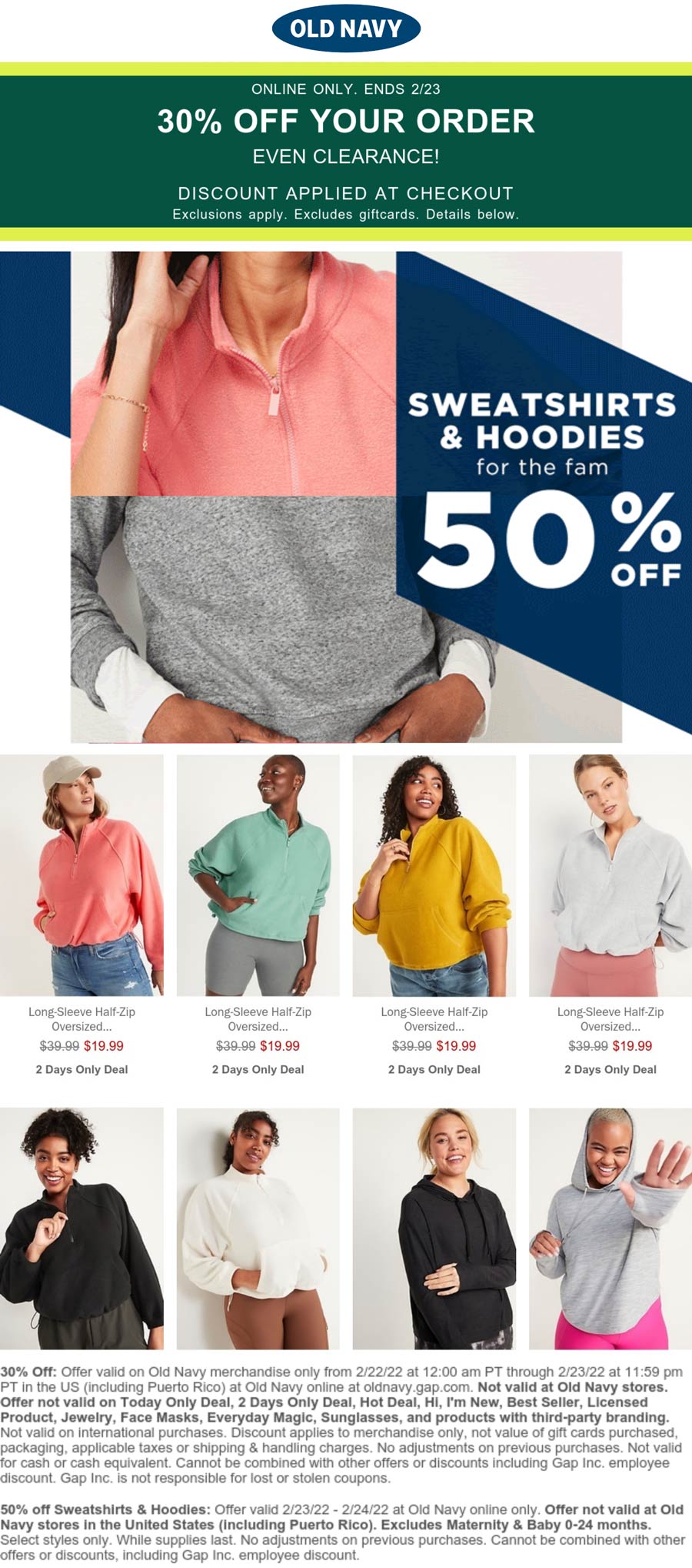 Old Navy stores Coupon  50% off hoodies & sweatshirts, 30% off the rest online at Old Navy #oldnavy 