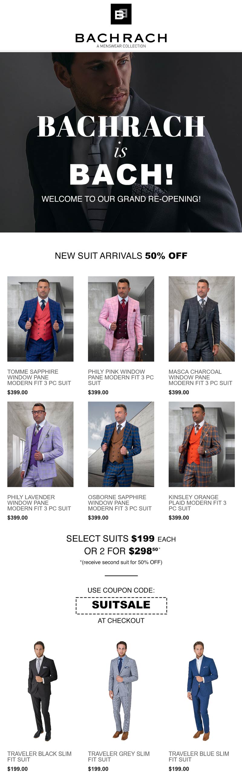 Bachrach stores Coupon  2 suits for $299 & more at Bachrach via promo code SUITSALE #bachrach 
