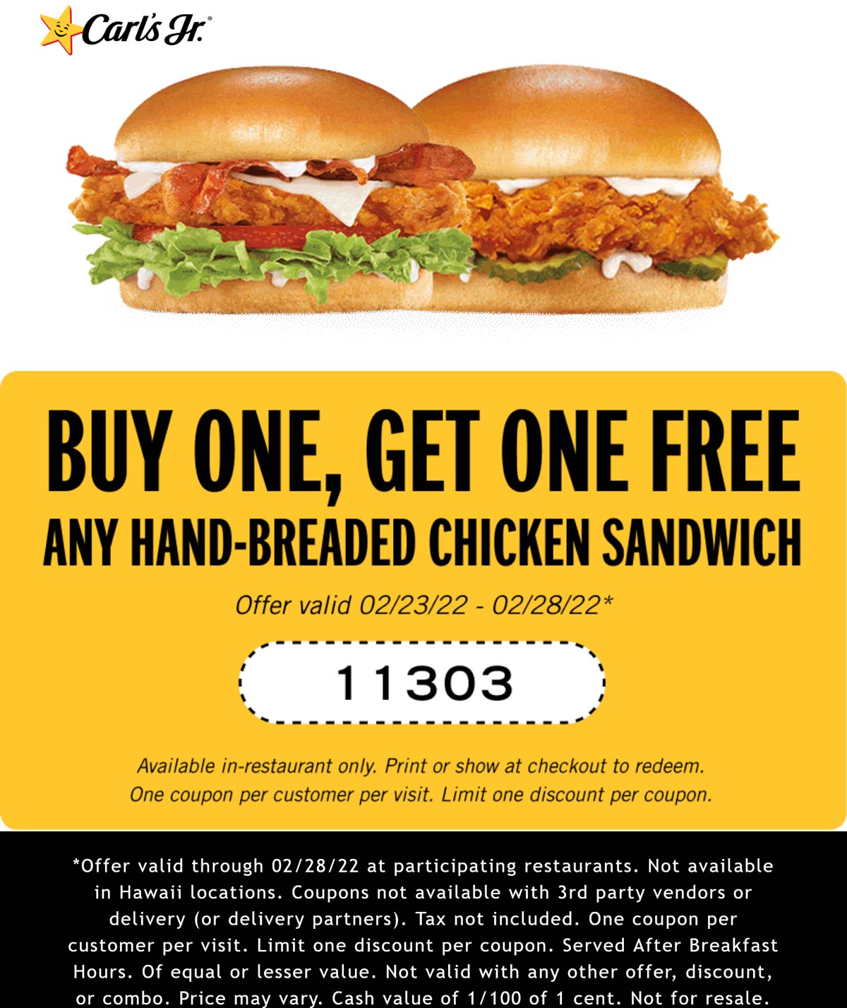 Carls Jr restaurants Coupon  Second chicken sandwich free at Carls Jr #carlsjr 