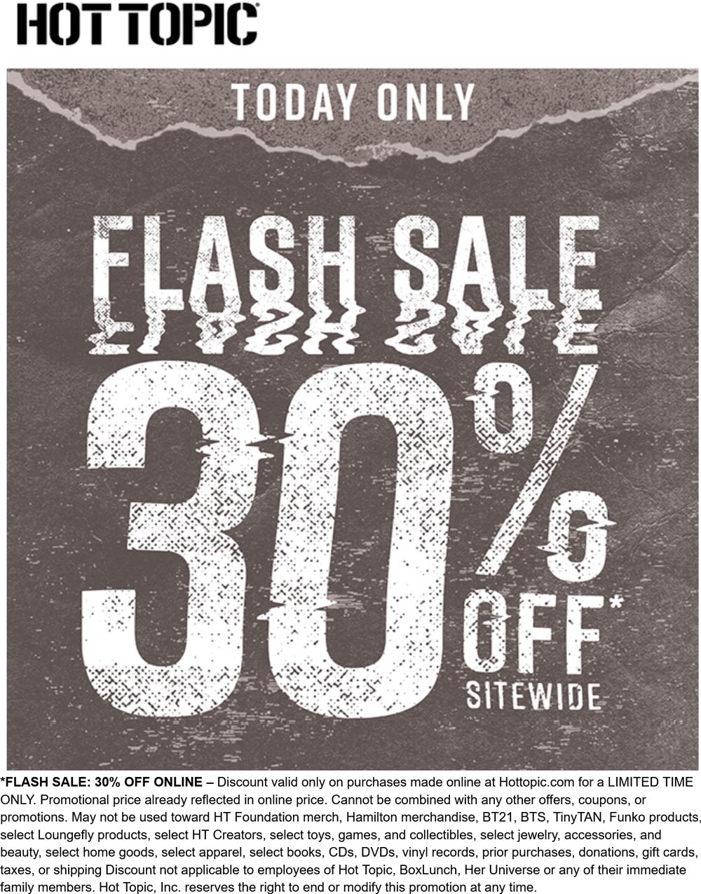 Hot Topic stores Coupon  30% off everything online today at Hot Topic #hottopic 