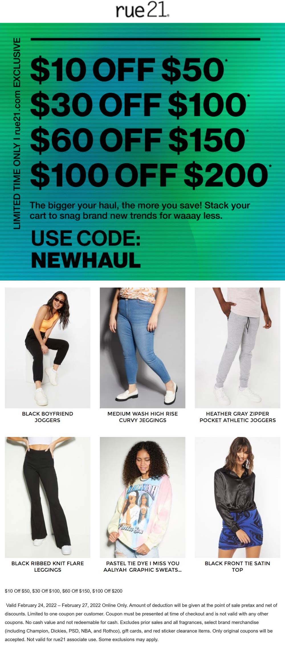 rue21 stores Coupon  $10-$100 off $50+ online at rue21 via promo code NEWHAUL #rue21 