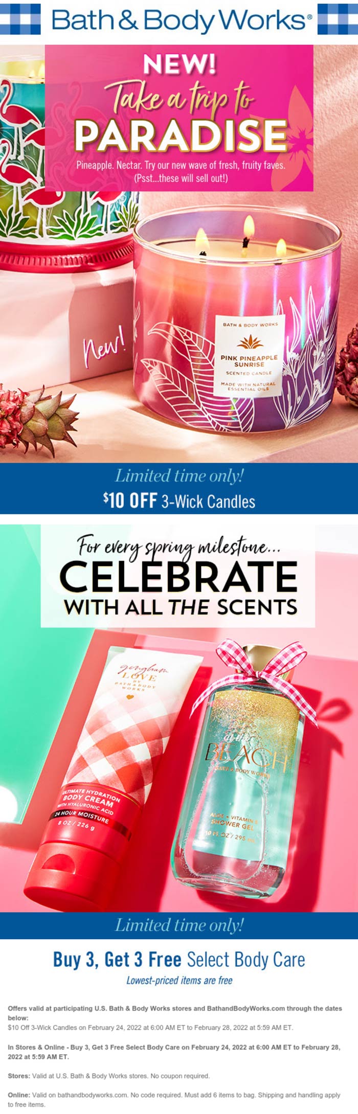 Bath & Body Works stores Coupon  6-for-3 on body care & $10 off 3-wick candles at Bath & Body Works, ditto online #bathbodyworks 