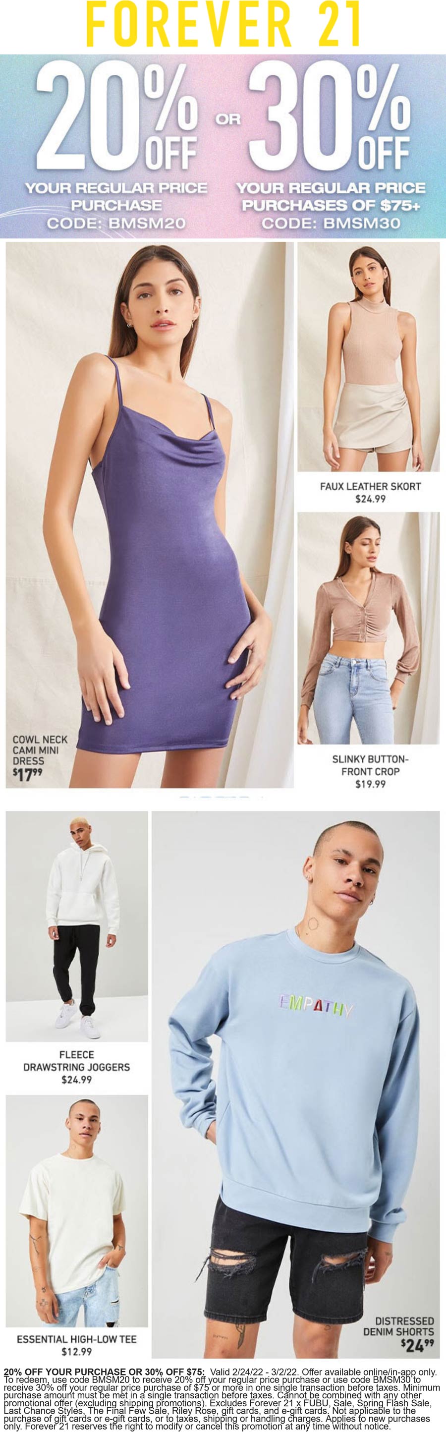 Forever 21 stores Coupon  20-30% off online at Forever 21 via promo code BMSM20 & BMSM30 #forever21 