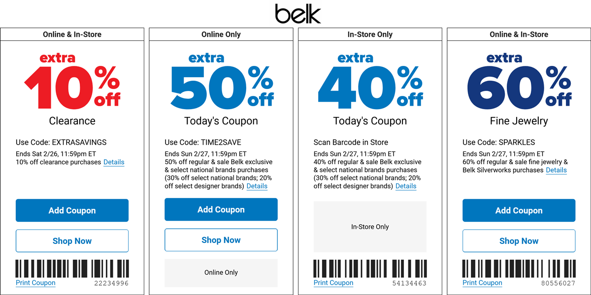 Belk stores Coupon  Extra 40% off at Belk, or 50% online via promo code TIME2SAVE #belk 
