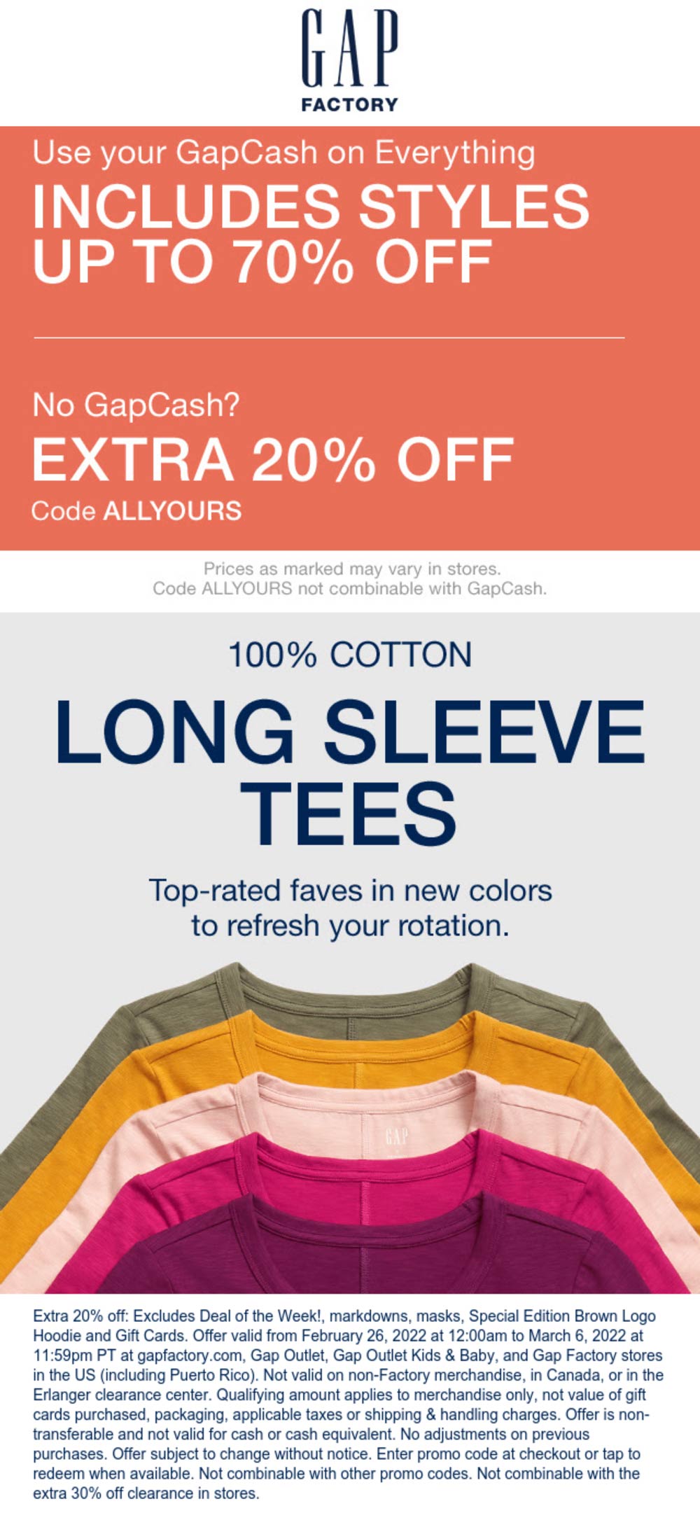 Gap Factory stores Coupon  Extra 20% off at Gap Factory, or online via promo code ALLYOURS #gapfactory 
