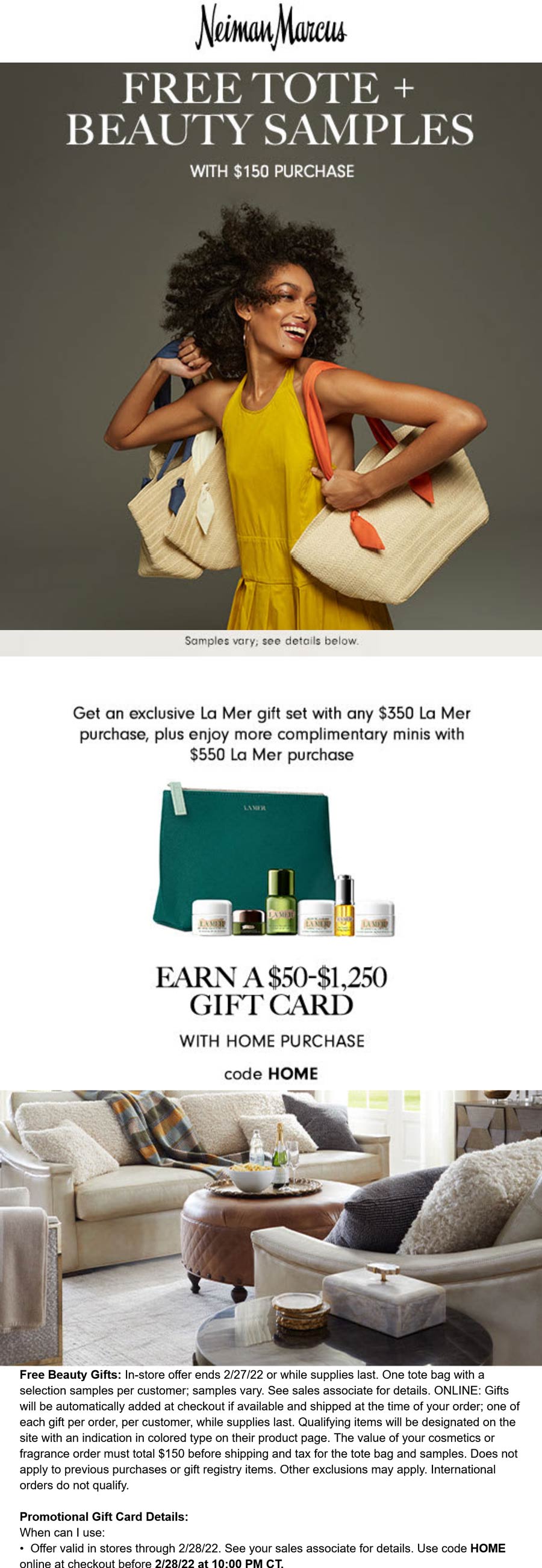 Neiman Marcus stores Coupon  Free tote & beauty on $150 & more today at Neiman Marcus via promo code HOME #neimanmarcus 
