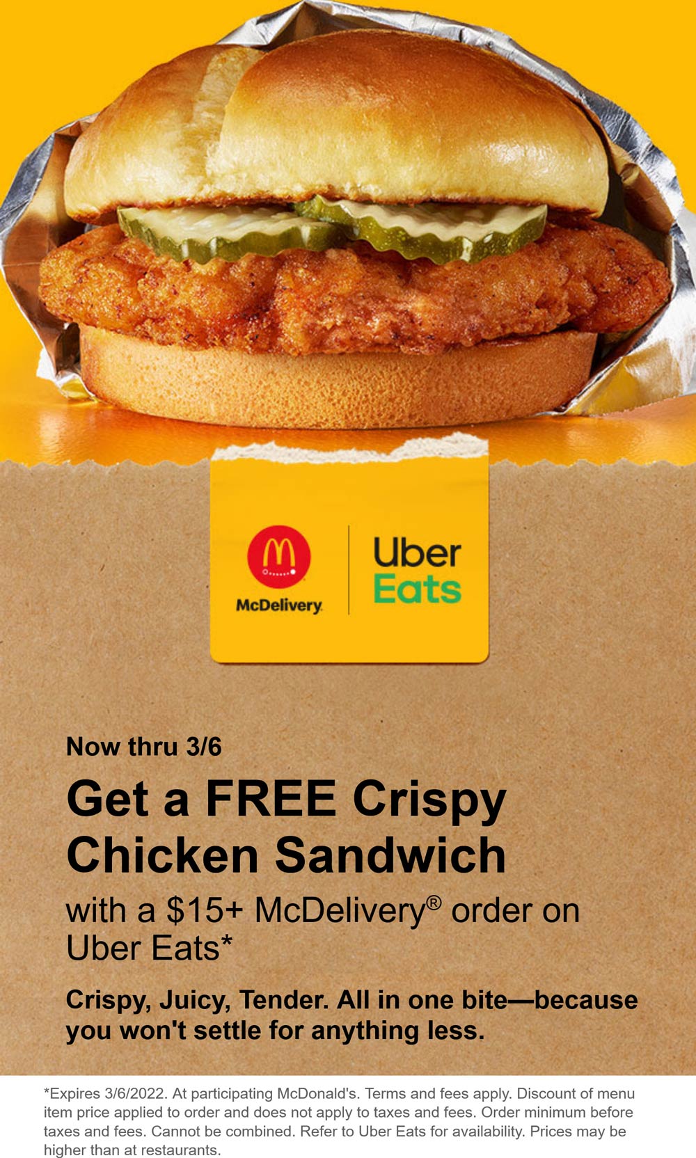McDonalds restaurants Coupon  Free chicken sandwich with $15 delivery at McDonalds #mcdonalds 