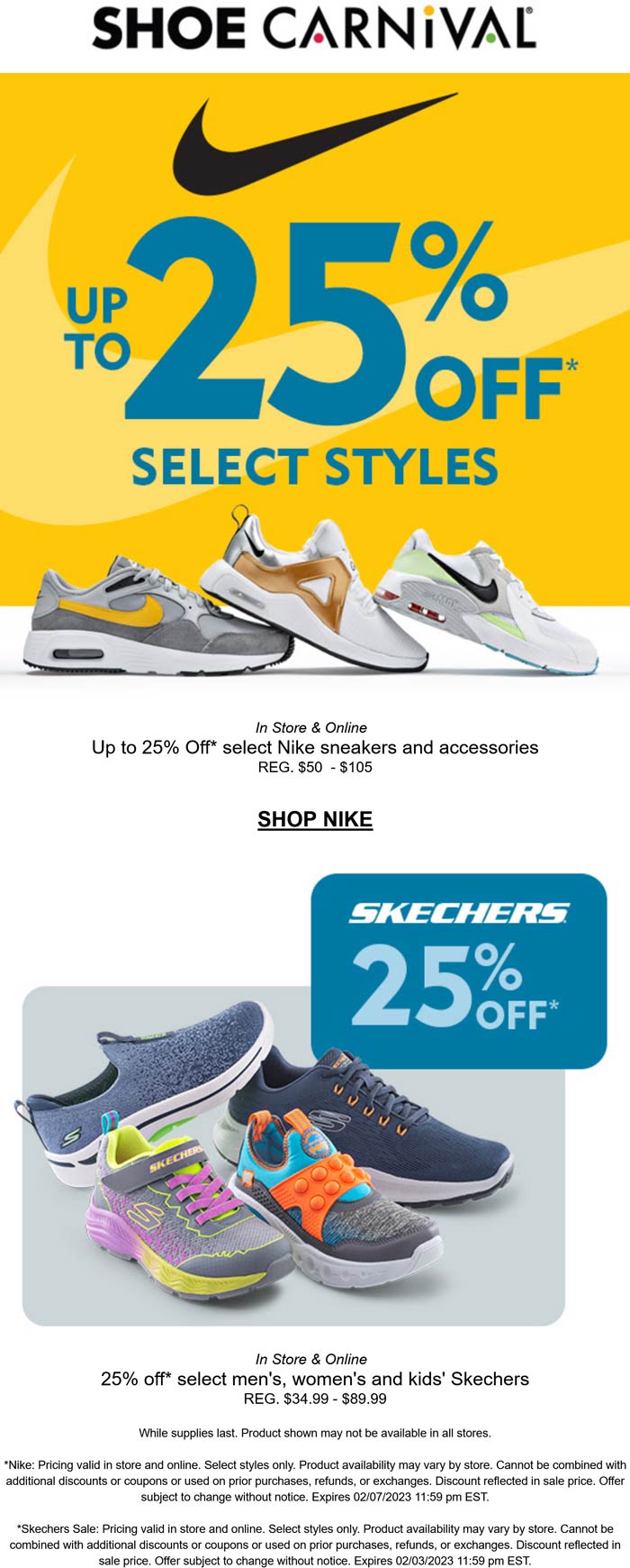 Shoe Carnival stores Coupon  25% off various Skechers & Nike at Shoe Carnival, ditto online #shoecarnival 