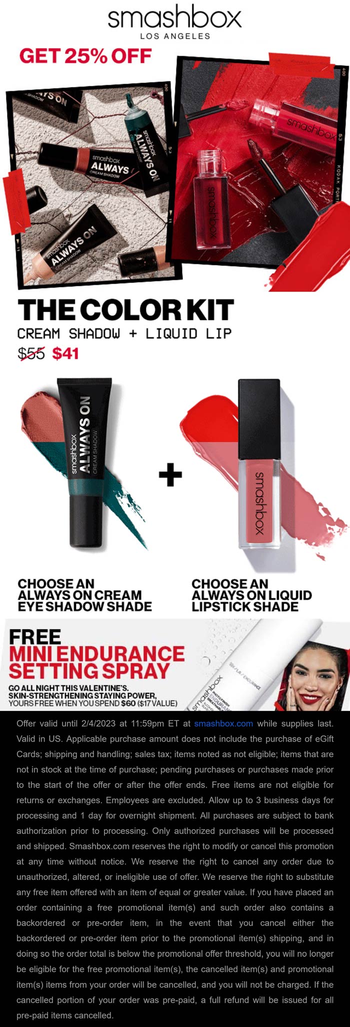 Smashbox stores Coupon  25% on lipstick + eye shadow & free setting spray on $60 at Smashbox #smashbox 