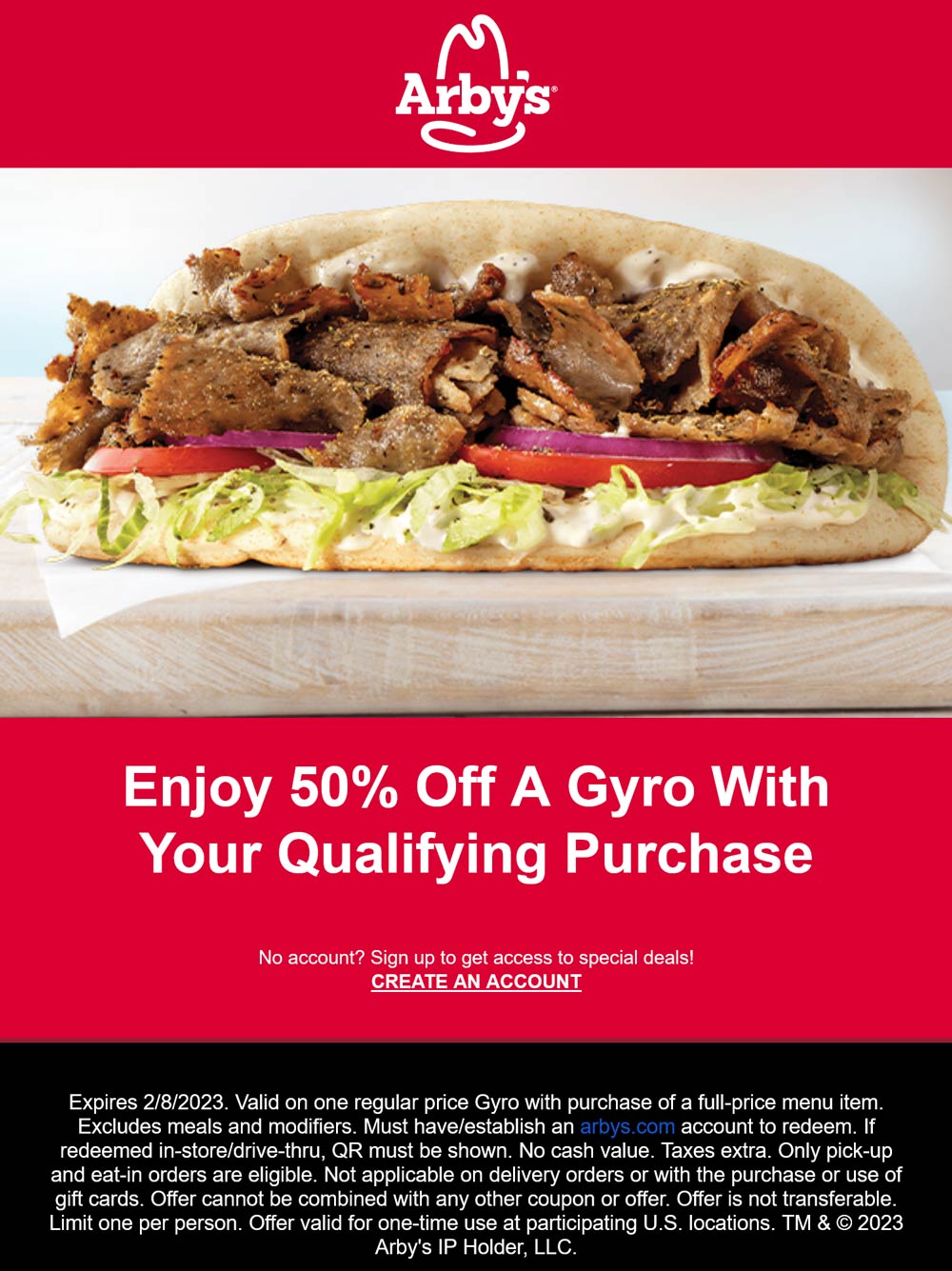 Arbys restaurants Coupon  50% off a gyro sandwich with your menu item logged in at Arbys #arbys 