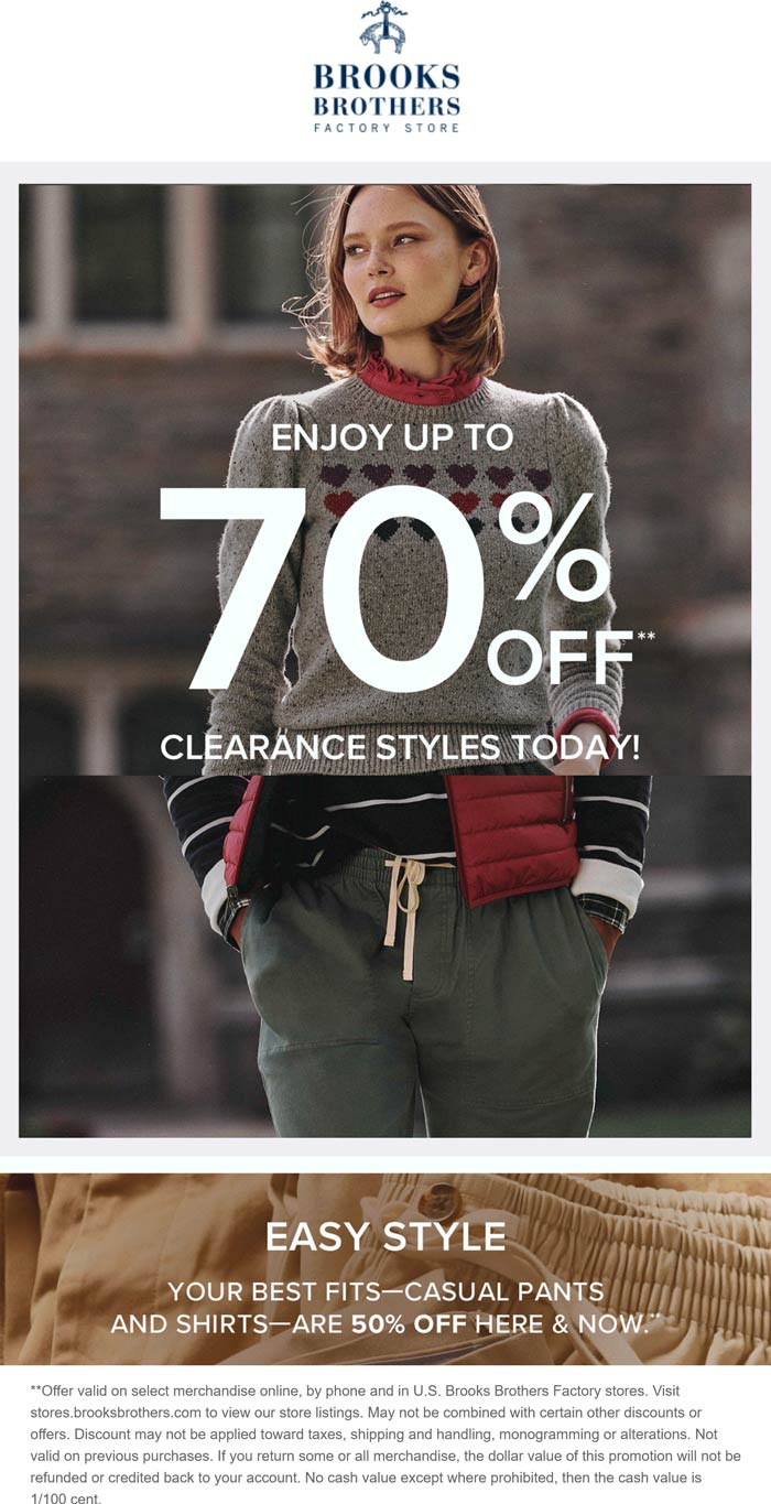 Brooks Brothers Factory stores Coupon  50% off casual pants & shirts at Brooks Brothers Factory, ditto online #brooksbrothersfactory 