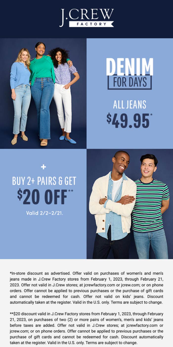 J.Crew Factory stores Coupon  Extra 20% off 2+ jeans at J.Crew Factory #jcrewfactory 