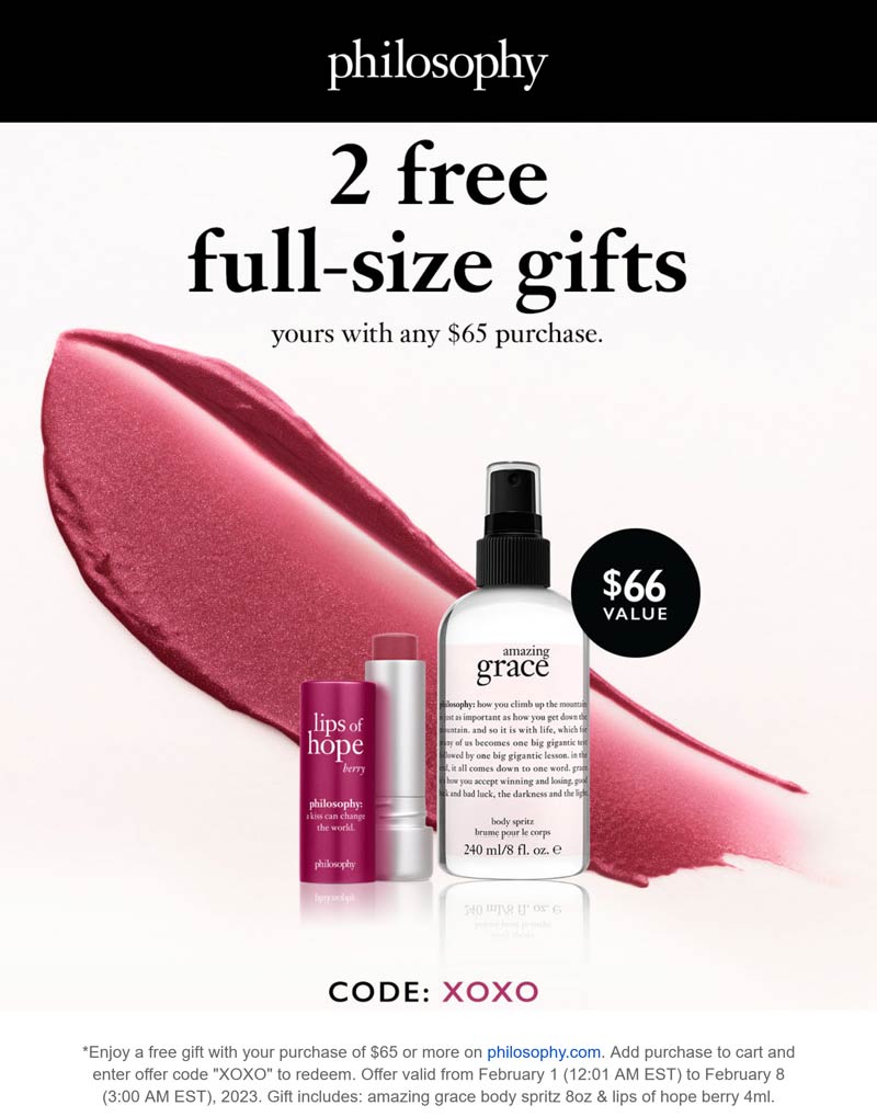 Philosophy stores Coupon  2 free full size on $65 at Philosophy via promo code XOXO #philosophy 