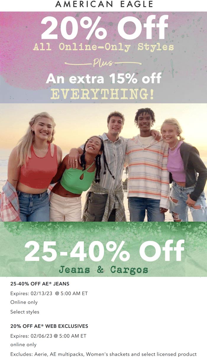 American Eagle stores Coupon  Extra 15% off everything & more online at American Eagle #americaneagle 