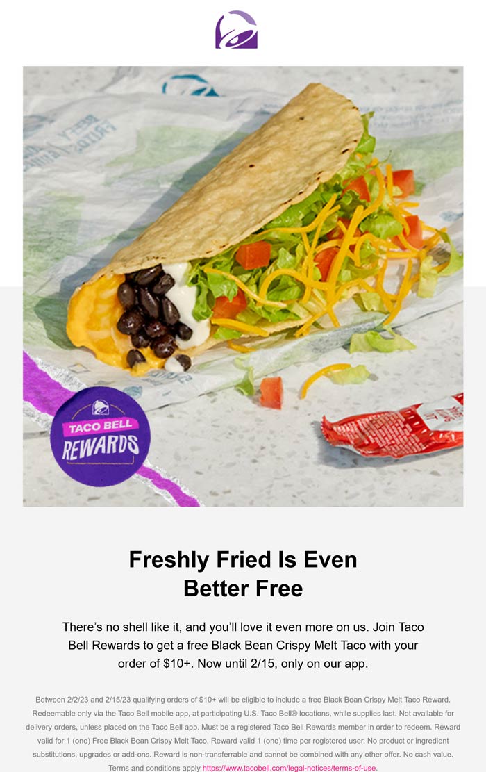 Free black bean crispy melt taco on 10 at Taco Bell tacobell The