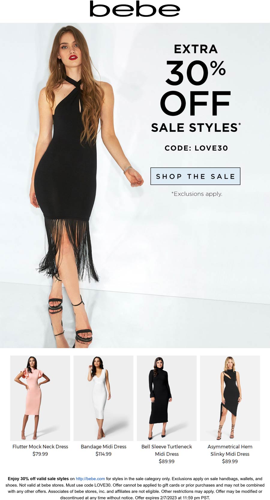 bebe stores Coupon  Extra 30% off sale styles at bebe via promo code LOVE30 #bebe 