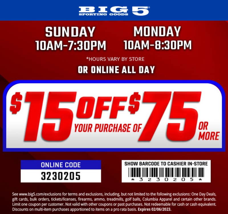 Big 5 stores Coupon  $15 off $75 at Big 5 sporting goods, or online via promo code 3230205 #big5 