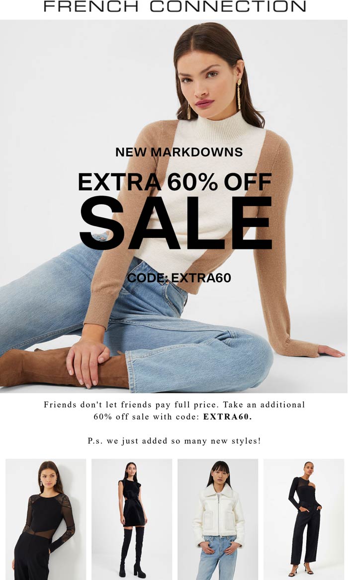 French Connection stores Coupon  Extre 60% off sale items at French Connection via promo code EXTRA60 #frenchconnection 