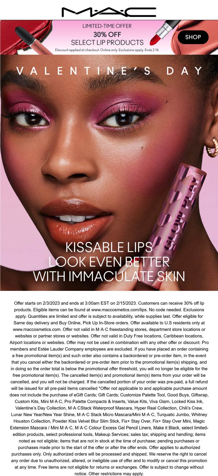 MAC stores Coupon  30% off lip products at MAC cosmetics #mac 