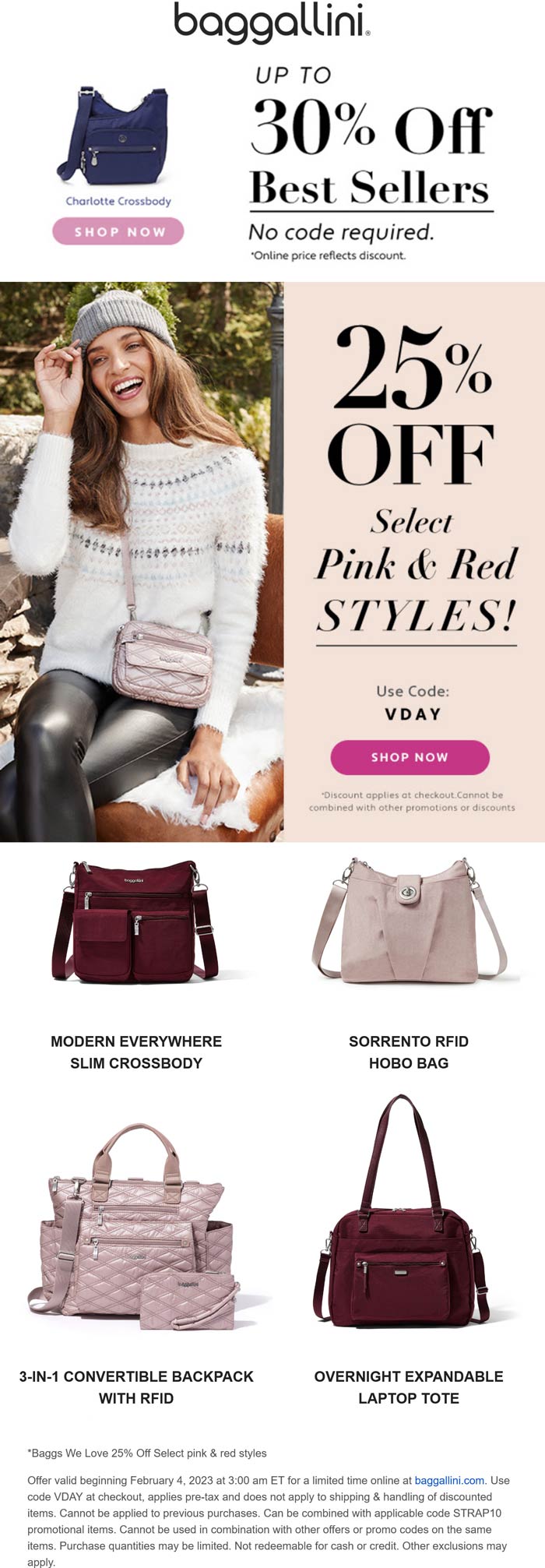 Baggallini stores Coupon  25% off pink & red styles at Baggallini via promo code VDAY #baggallini 