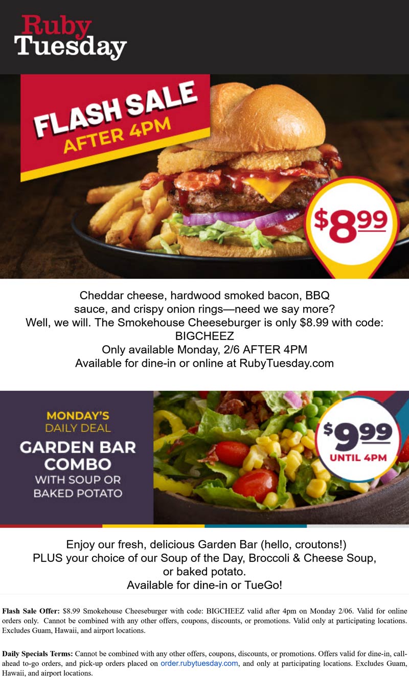 Ruby Tuesday restaurants Coupon  Smokehouse cheeseburger + fries = $9 after 4p today at Ruby Tuesday via promo code BIGCHEEZ #rubytuesday 