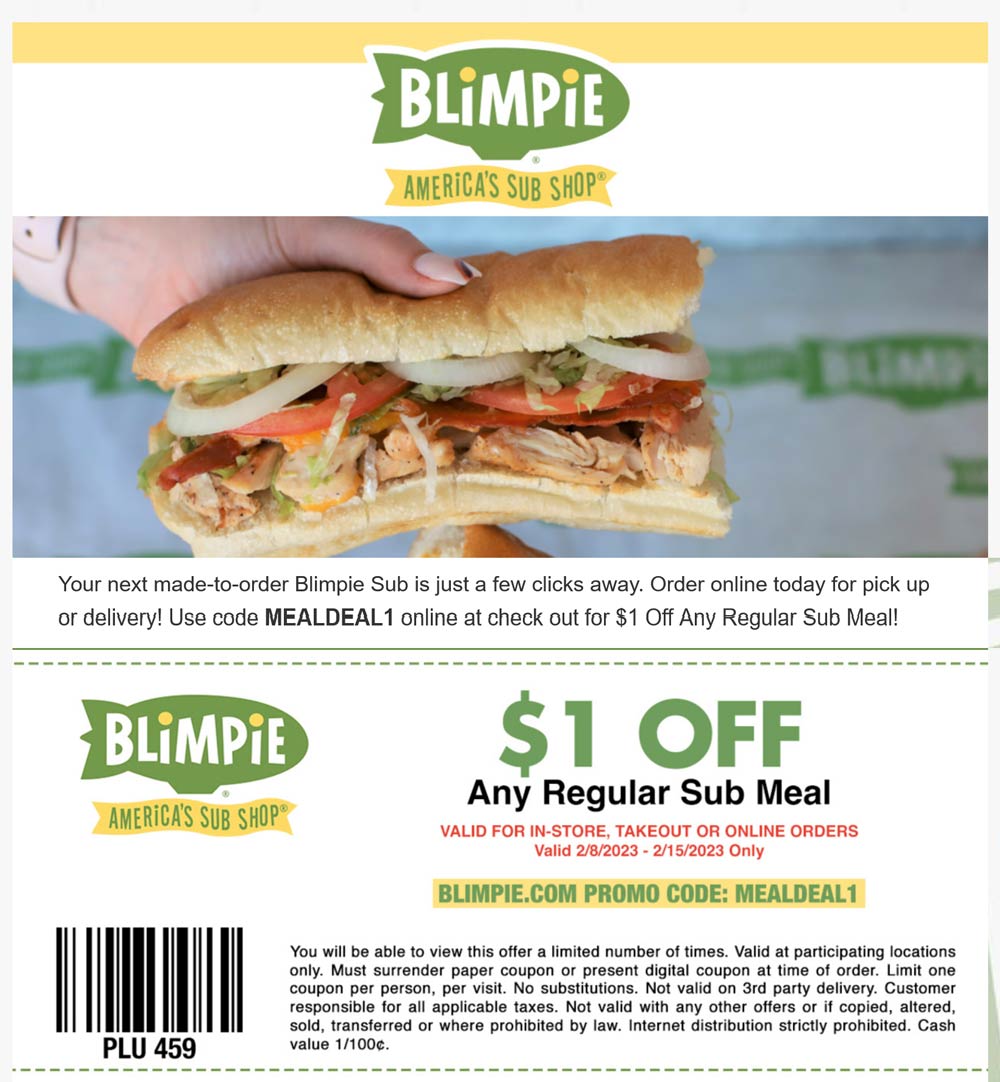 Blimpie restaurants Coupon  $1 off a sub sandwich at Blimpie, or online via promo code MEALDEAL1 #blimpie 
