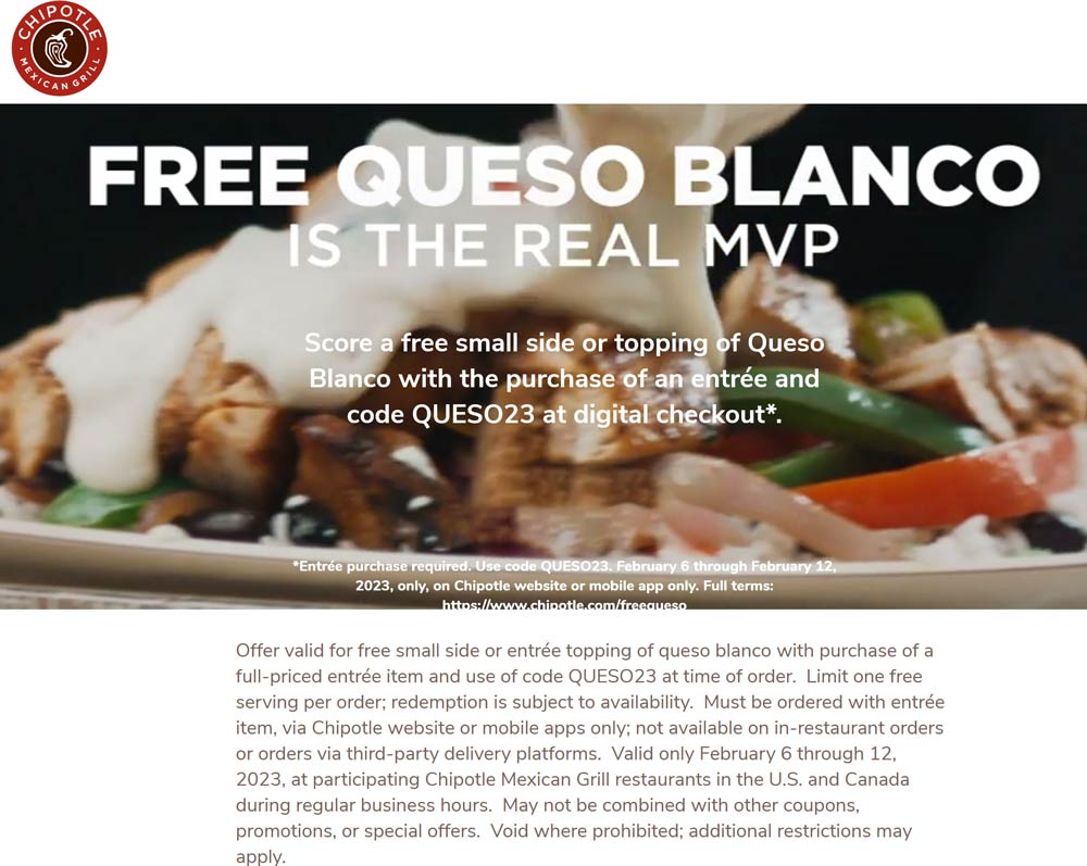 Free queso with your entree at Chipotle via promo code QUESO23 