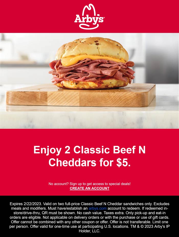 Arbys restaurants Coupon  2 beef n cheddar sandwiches for $5 logged in at Arbys #arbys 