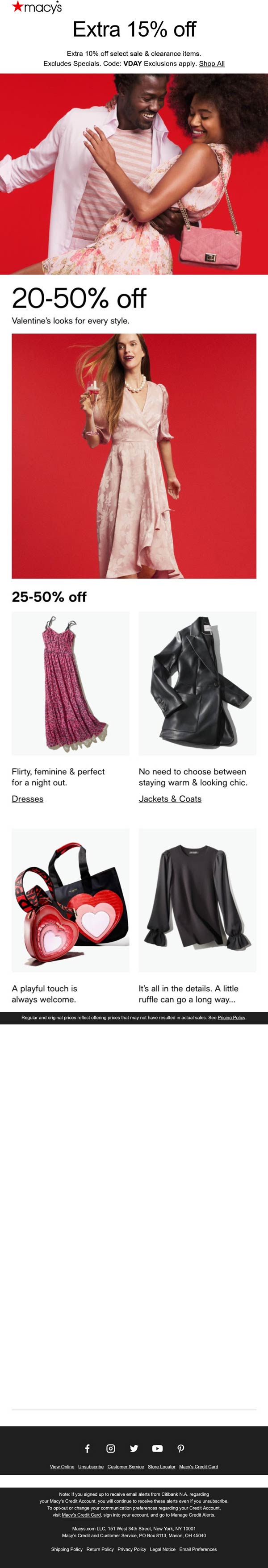 Macys stores Coupon  Extra 10-15% off sale items at Macys, or online via promo code VDAY #macys 