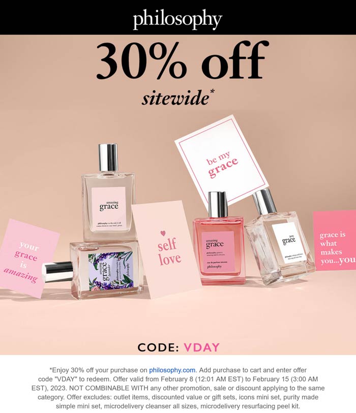 Philosophy stores Coupon  30% off everything online at Philosophy via promo code VDAY #philosophy 