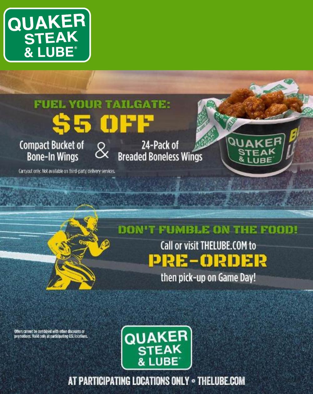 Quaker Steak & Lube restaurants Coupon  $5 off bucket of wings Sunday at Quaker Steak & Lube restaurants #quakersteaklube 